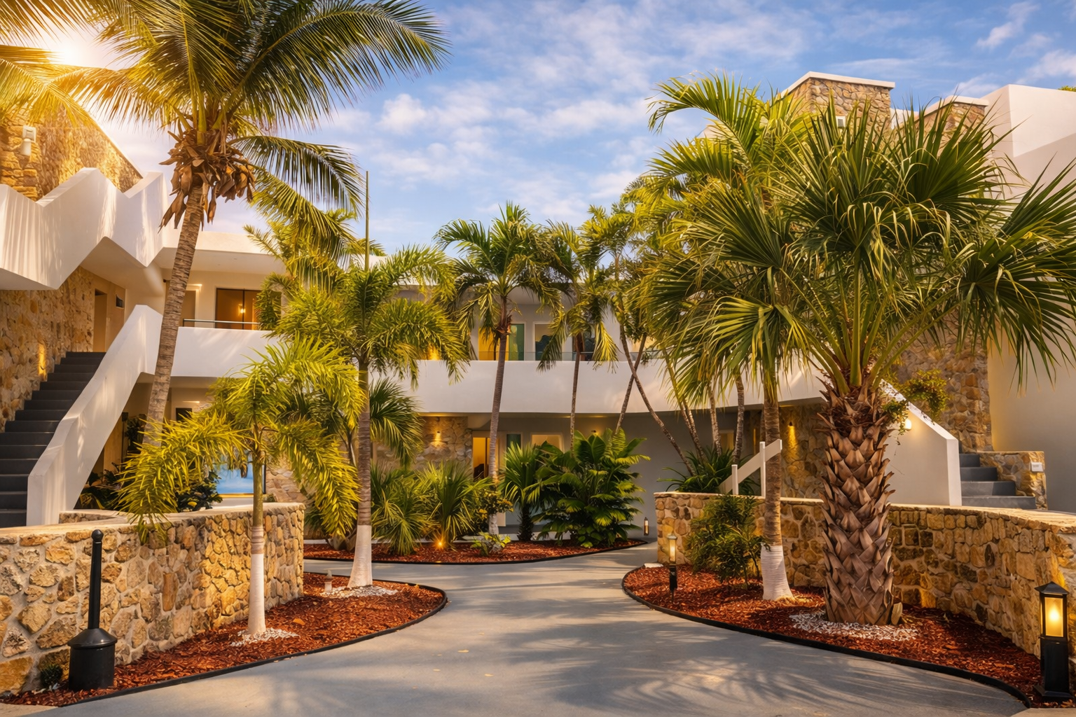 Palms Resort & Beach — tropical pathway with palm trees and resort buildings, St. Croix